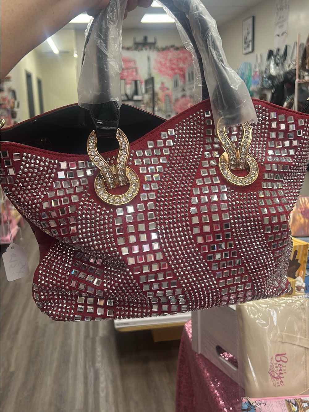 Embellished Red Tote Bag with Gold Accents